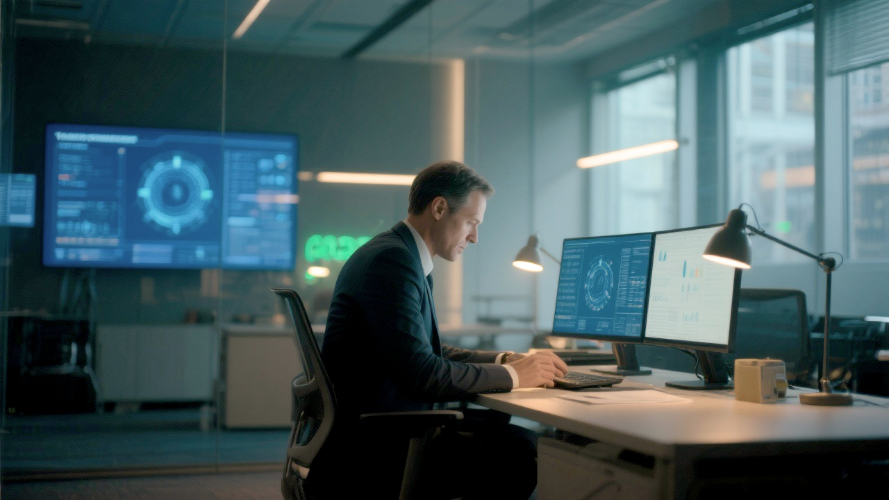 a project manager works in a modern office using Ai tools