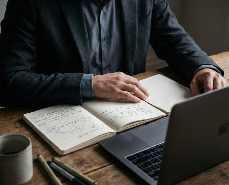 An executive works at a laptop with his notebook filled with WorkShift notes