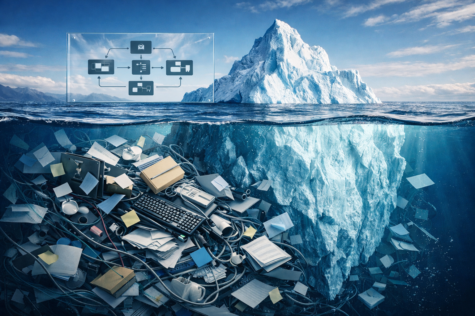 WHY AI is Failing 2 An iceberg shows the perceived work above water compared to real work below and how an Ai strategy can help