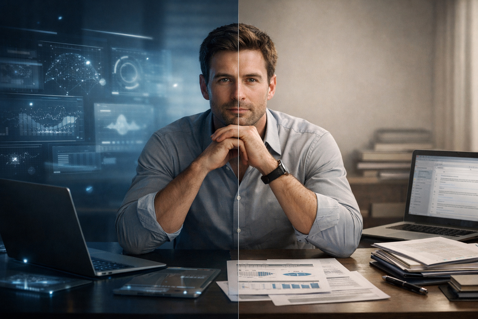 WorkShift in action 3 copy An executive in an office, the left side of screen shows work using Ai,, the right the old paper method